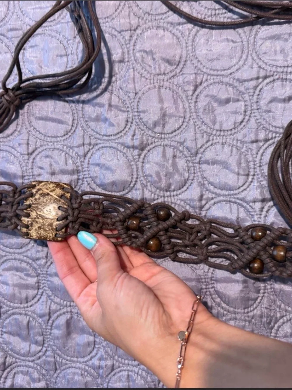 Braided Brown Leather Tie Belt with beaded Accents